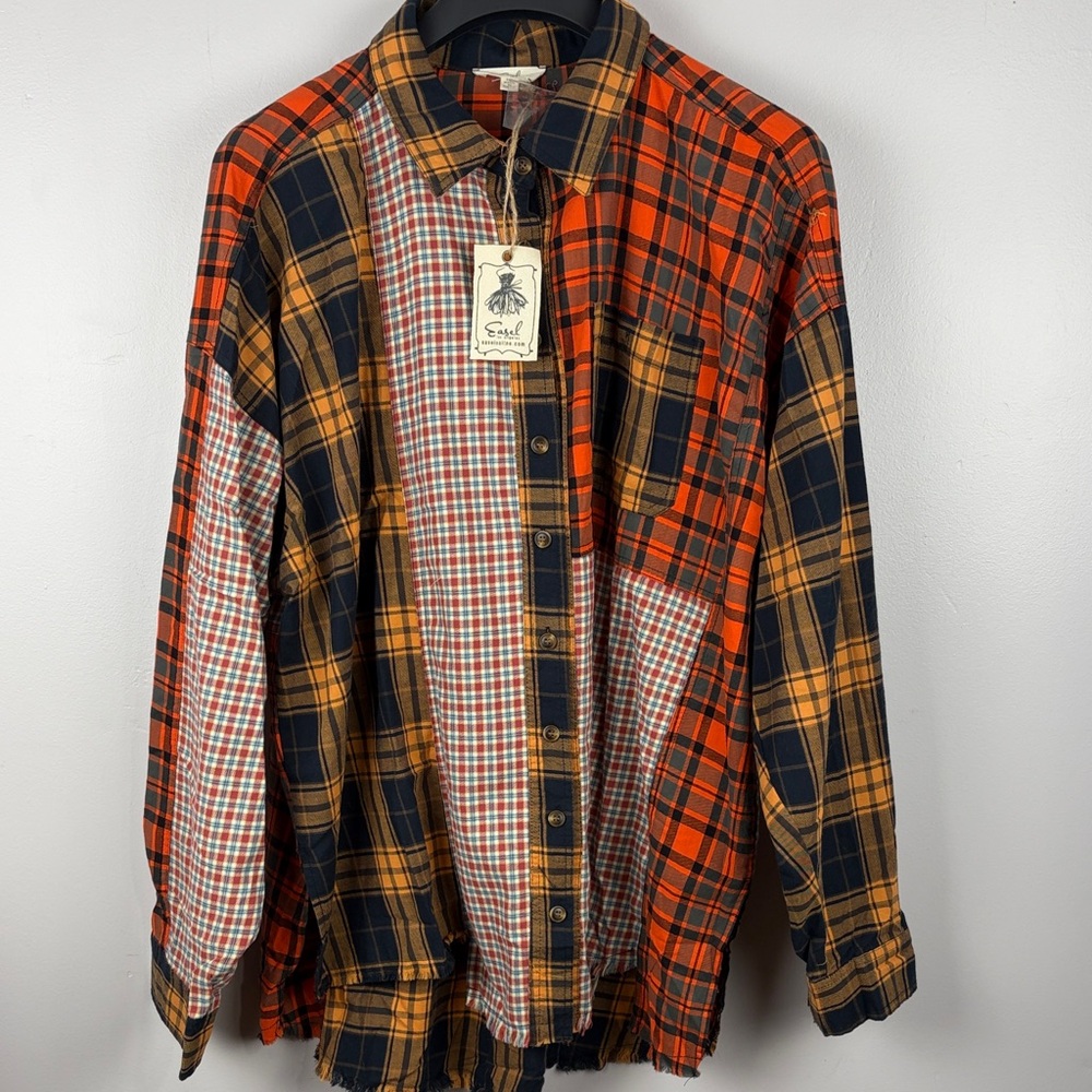 Easel Plaid Patchwork Button Down Shirt - Orange,… - image 1